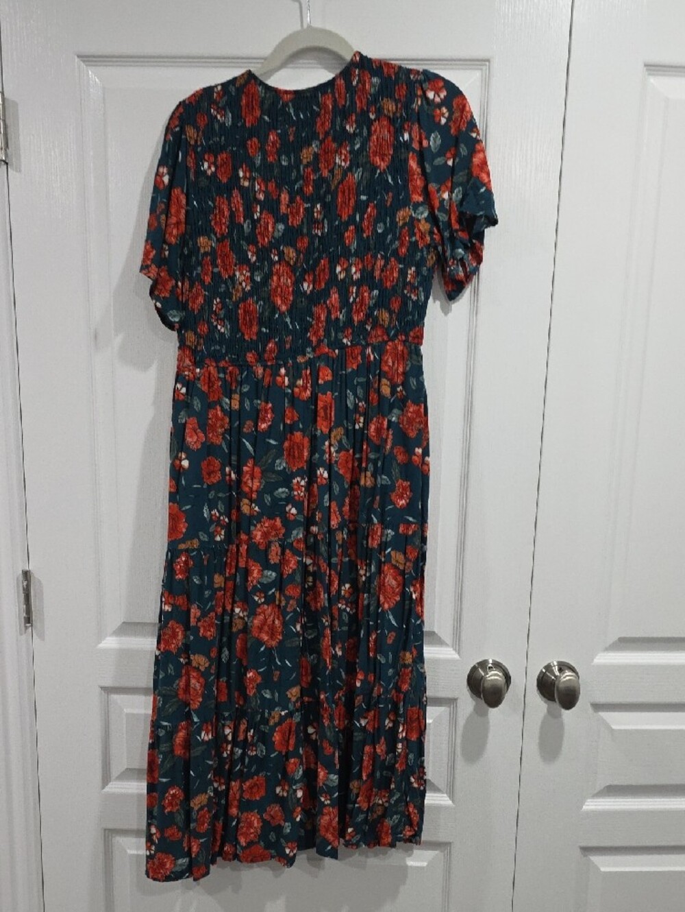 Teal Midi Dress with Red Floral Print - Picture 3 of 3
